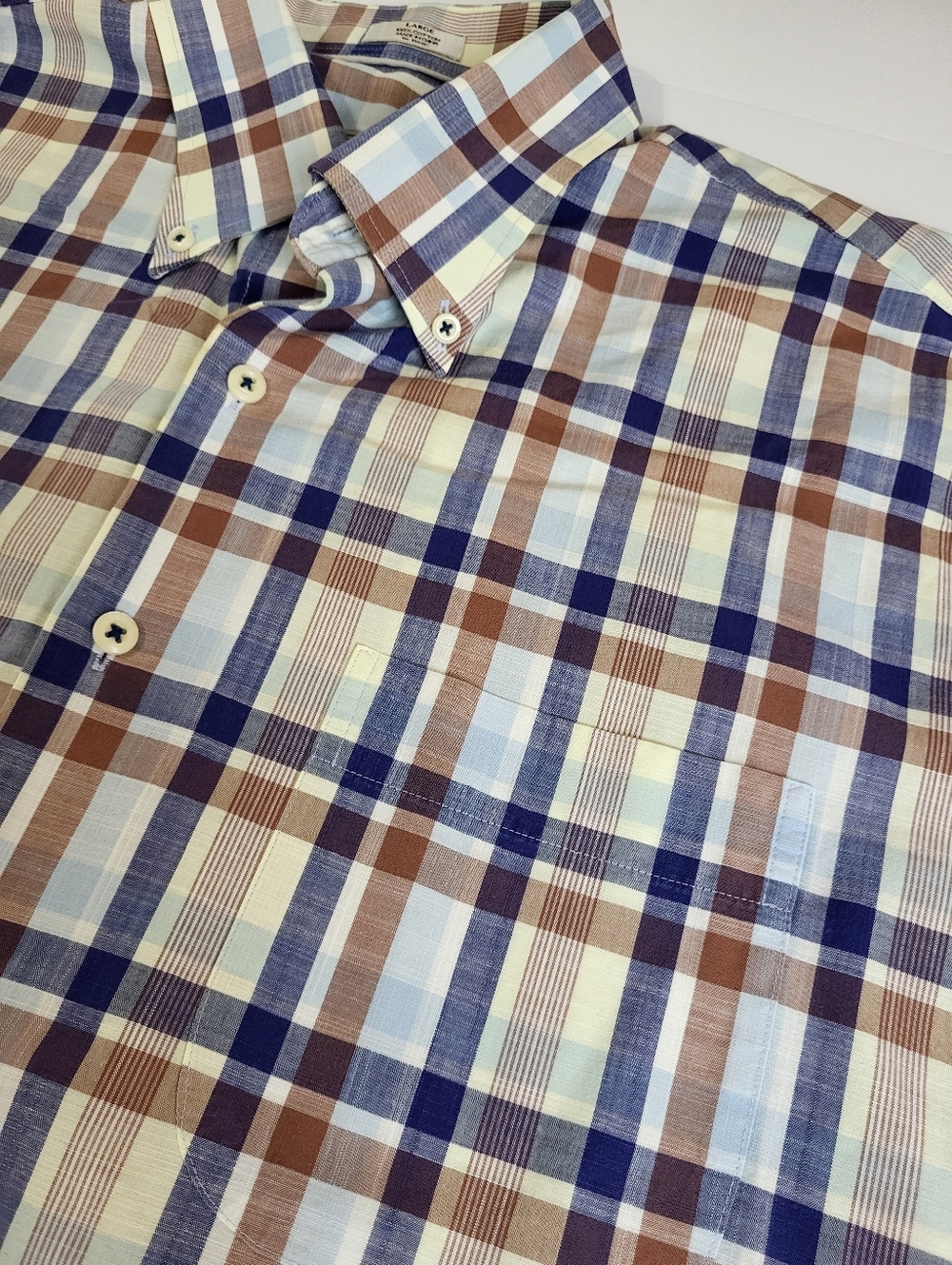 Peter‎ Millar Plaid Long Sleeve Button Down Shirt Blue Brown Cotton Large - Picture 6 of 7